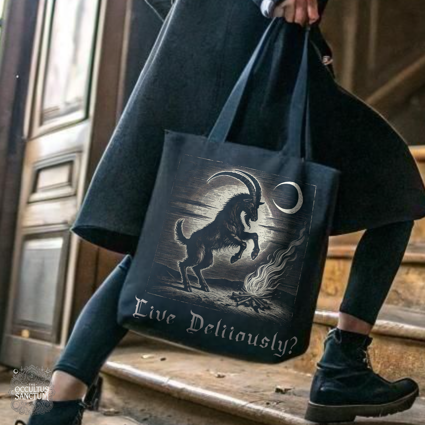 Live Deliciously, Black Phillip Tote Bag