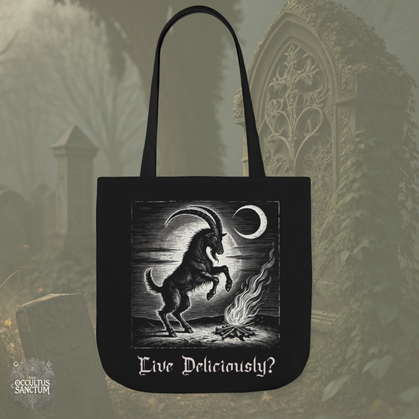 Live Deliciously, Black Phillip Tote Bag