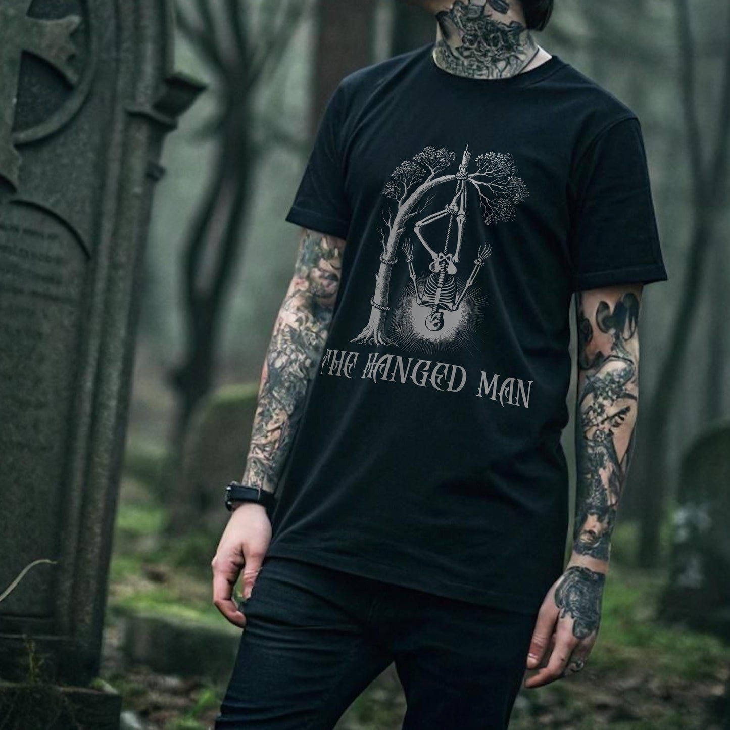 Tarot TShirt Design/Major Arcana/The Hanged Man/Skeleton Tarot/Dark Aesthetic/Gothic TShirt/Black Tee/Alt Clothing/Unisex Shirt/Occult