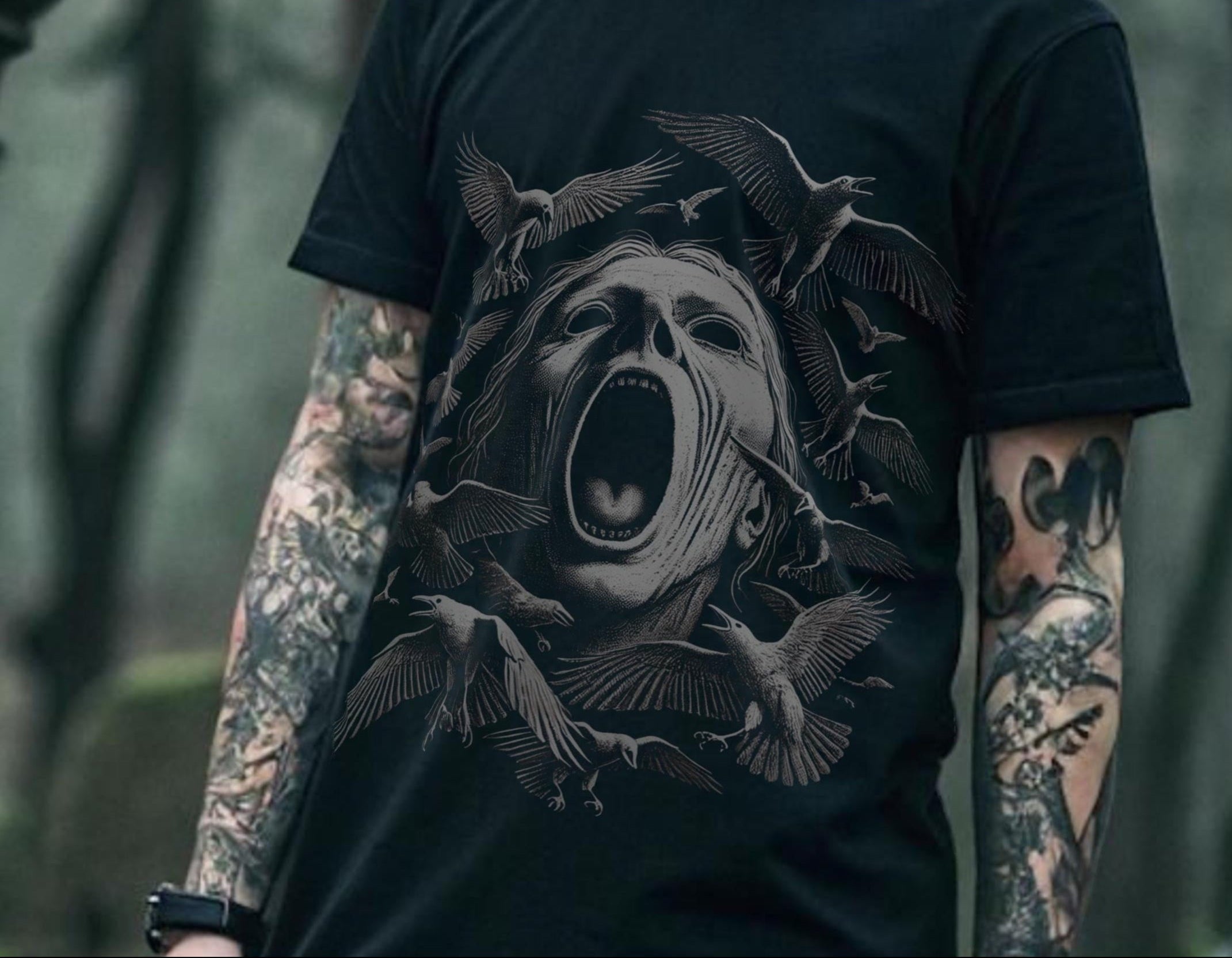 Wings of Doom/Dark Illustration/Horror Art/Ravens/Gothic TShirt/Black Tee/Alternative Clothing/Unisex Shirt